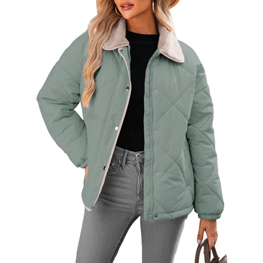 Women's Smoke Green Puffer Jackets Coats Long Sleeve Winter Button Outerwear